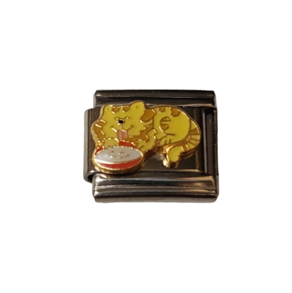 Yellow and Brown Kitty Cat Drinking Milk from‎ a Saucer Italian Charm Bracelet